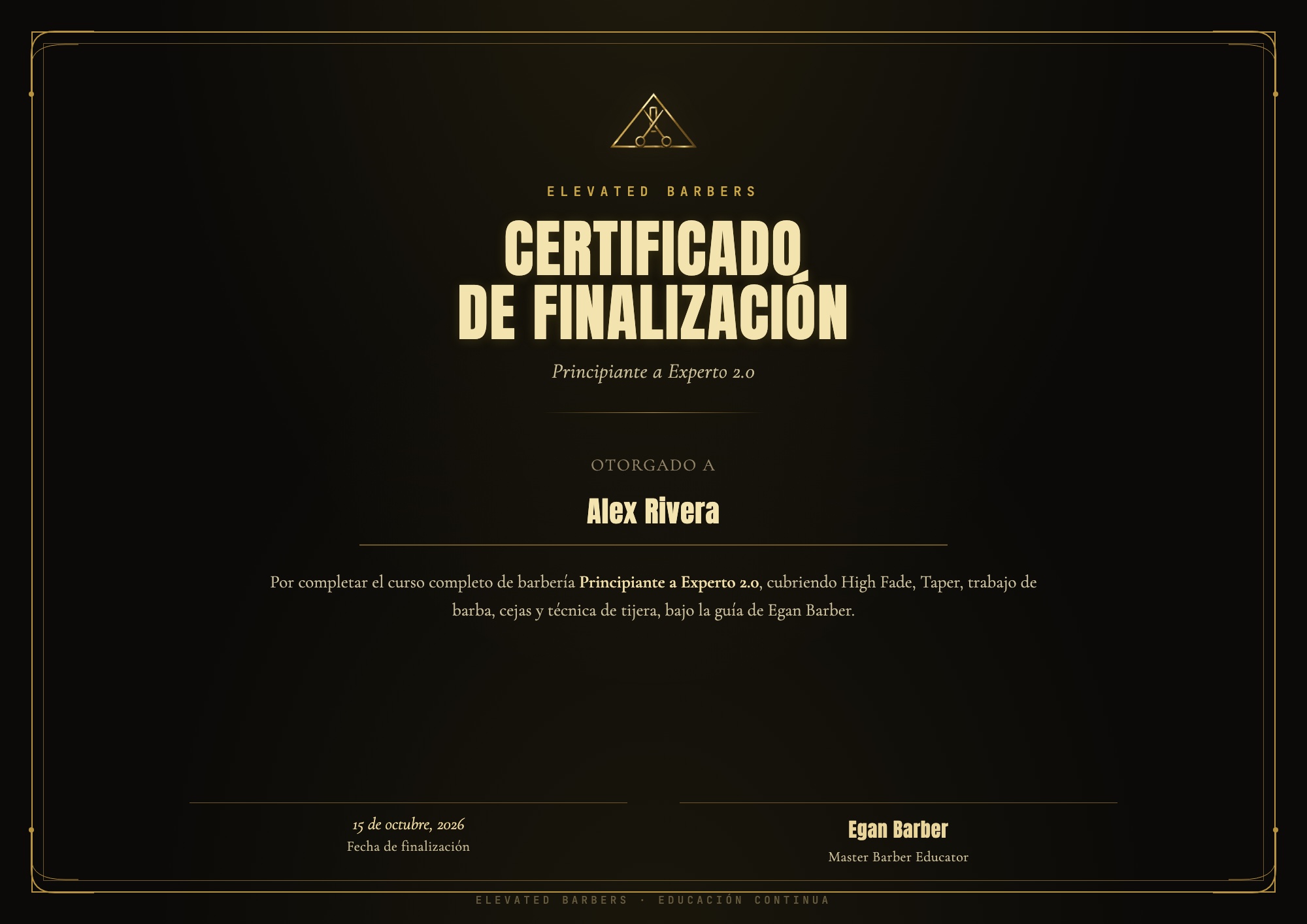 Certificado de finalización de Principiante a Experto 2.0, ejemplo con nombre de muestra