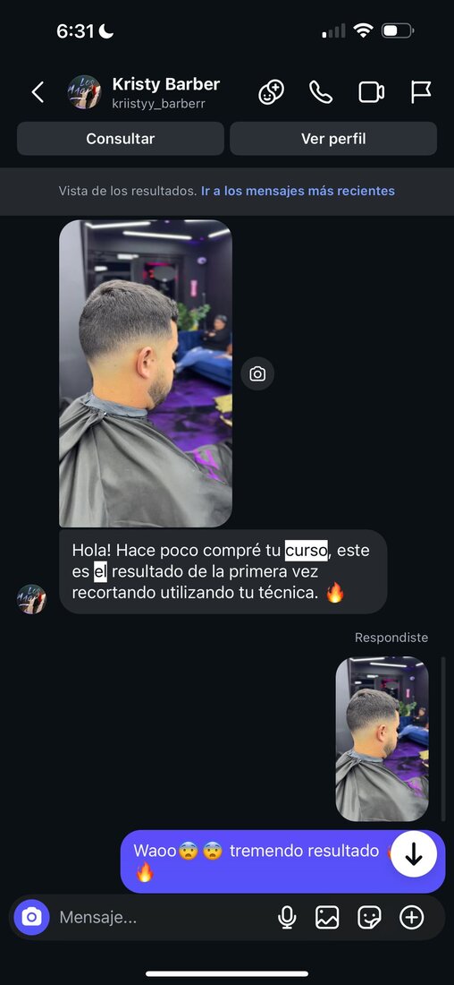 Captura de mensaje de Kristy sobre el curso