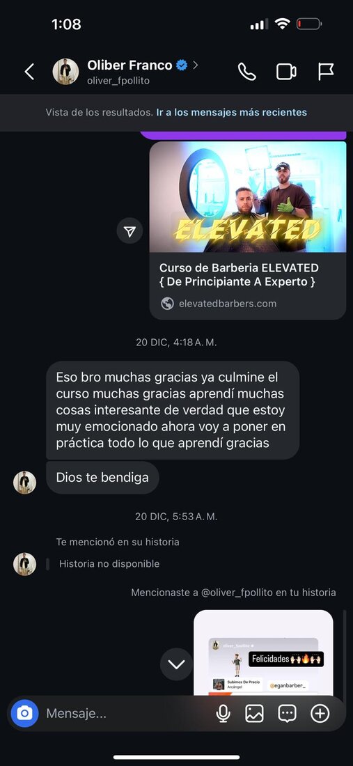 Captura de mensaje de Oliver sobre el curso
